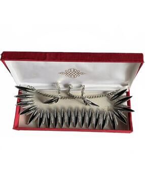 Vintage Art Deco Black & Silver Goth Glam Modernist Bib Necklace Earrings Set